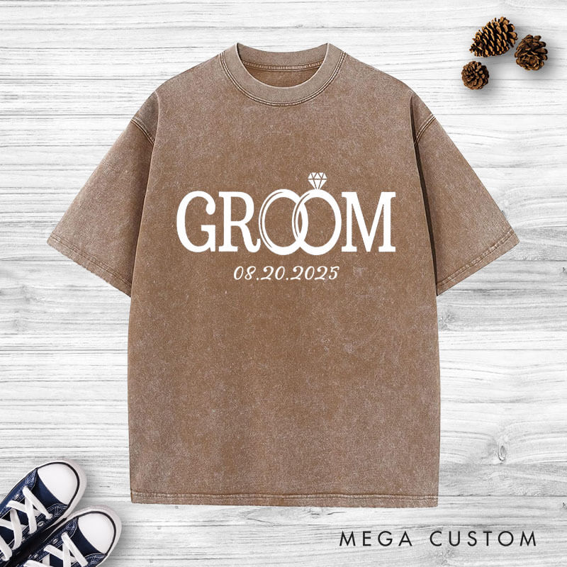 Personalized Elegant Bride and Groom with Rings Matching Wedding Couple Washed T-Shirt
