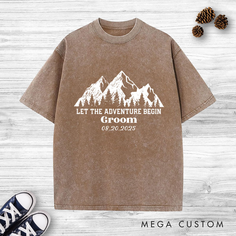 Personalized Rustic Line Mountains Let The Adventure Begin Bride and Groom Matching Wedding Couple Washed T-Shirt
