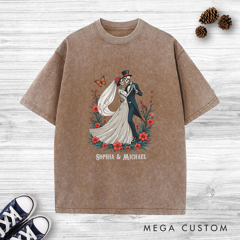 Personalized Romantic Dancing Skeleton Matching Wedding Couple Washed T-Shirt