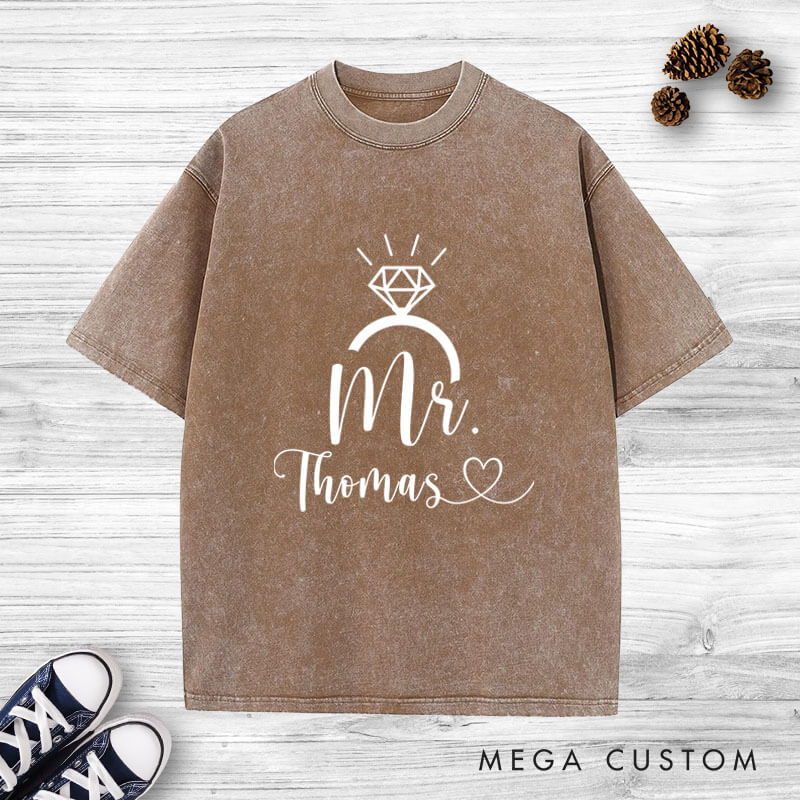Personalized Elegant Mr and Mrs with Diamond Ring Wedding Couple Washed T-Shirt