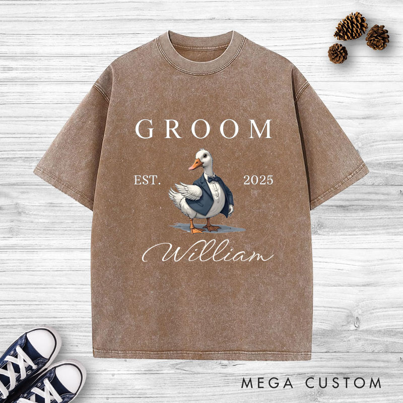 Personalized Bride and Groom Silly Goose Matching Wedding Couple Washed T-Shirt