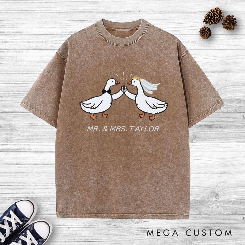 Personalized Mr and Mrs Silly Goose Bride and Groom Wedding Couple Washed T-Shirt