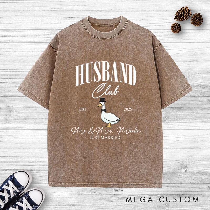 Personalized Just Married Husband and Wife Clubs Wedding Couple Washed T-Shirt