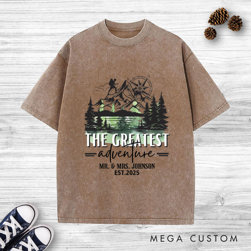 Personalized The Greatest Adventure Mr and Mrs Wedding Couple Washed T-Shirt