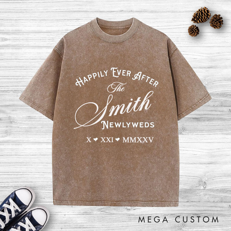 Personalized Newlyweds Happily Ever After Wedding Couple Washed T-Shirt