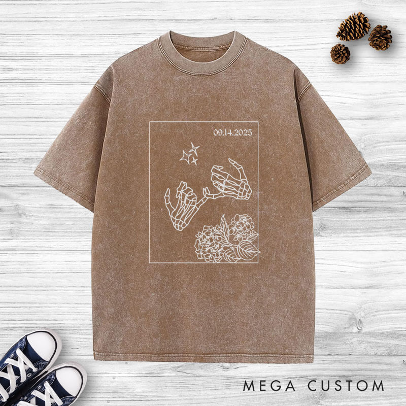 Personalized Unique Skeleton Finger Hooks and Floral Wedding Couple Washed T-Shirt