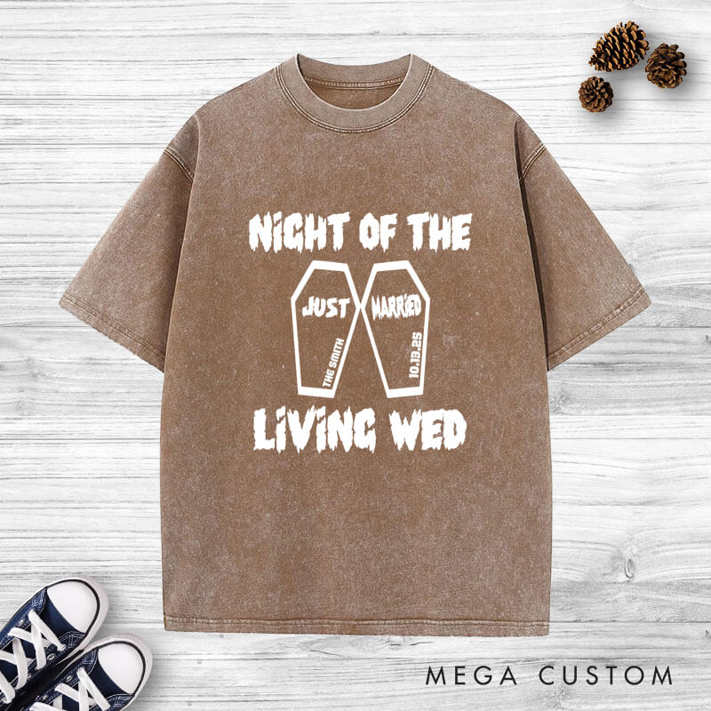 Personalized Spooky Night of the Living Wed Just Married Wedding Couple Washed T-Shirt