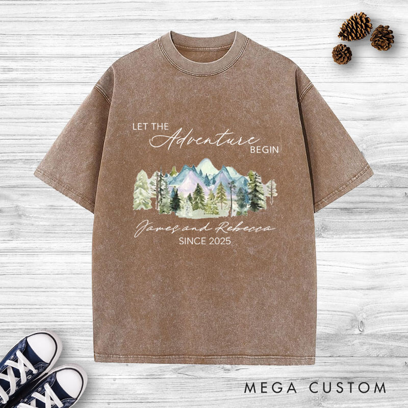 Personalized Mountain Scenic Let the Adventure Begin Newlyweds Wedding Couple Washed T-Shirt
