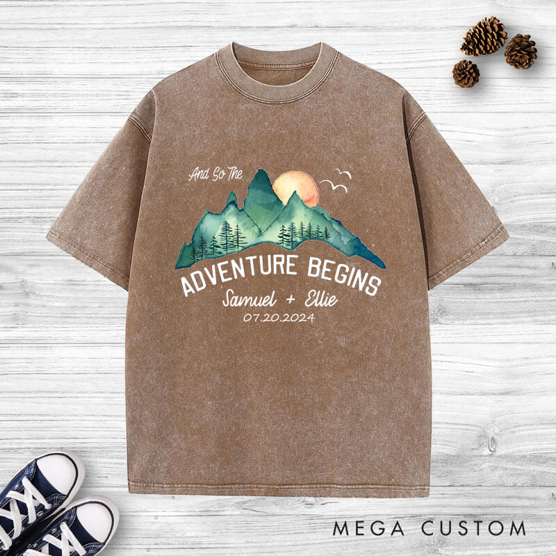 Personalized Scenic And So The Adventure Begins Newlyweds Wedding Couple Washed T-Shirt