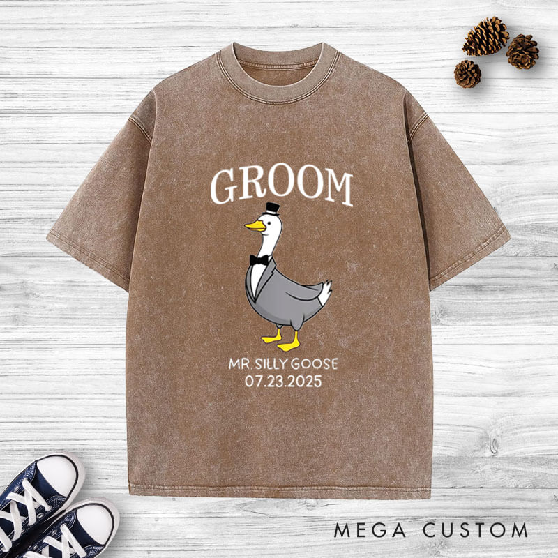 Personalized Bride and Groom Silly Goose Mr and Mrs Matching Wedding Couple Washed T-Shirt