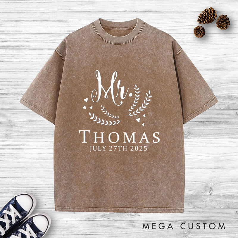 Personalized Graceful Mr and Mrs with Oliver Branches Matching Wedding Couple Washed T-Shirt