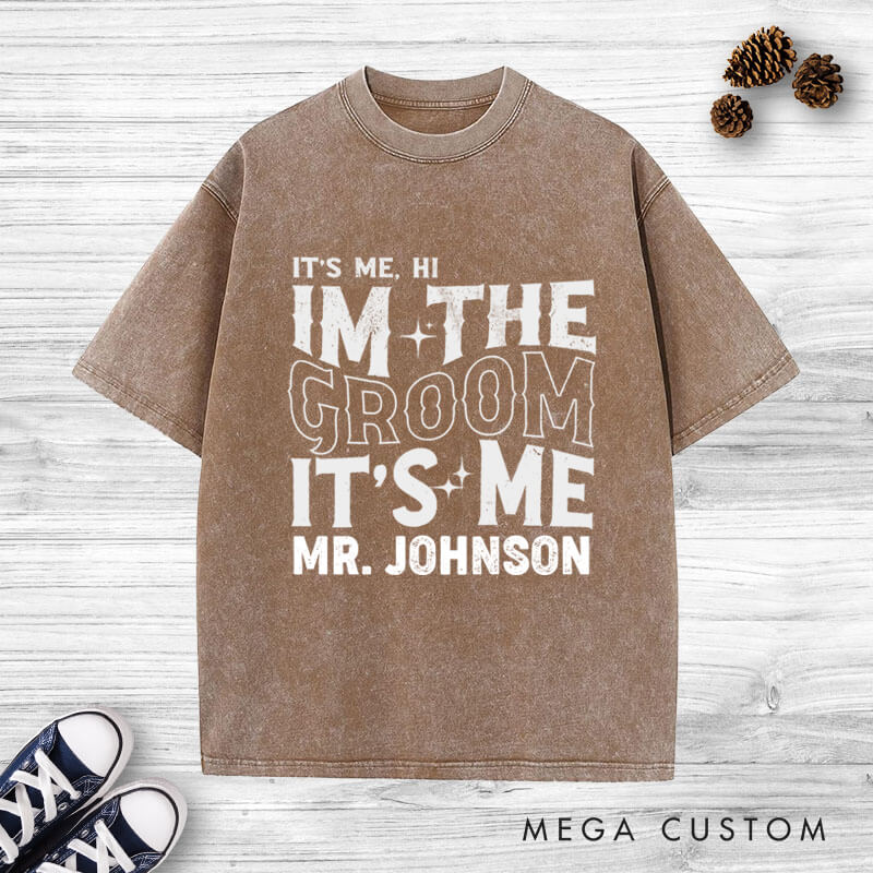 Personalized Modern Vintage It's Me Bride and Groom Matching Wedding Couple Washed T-Shirt