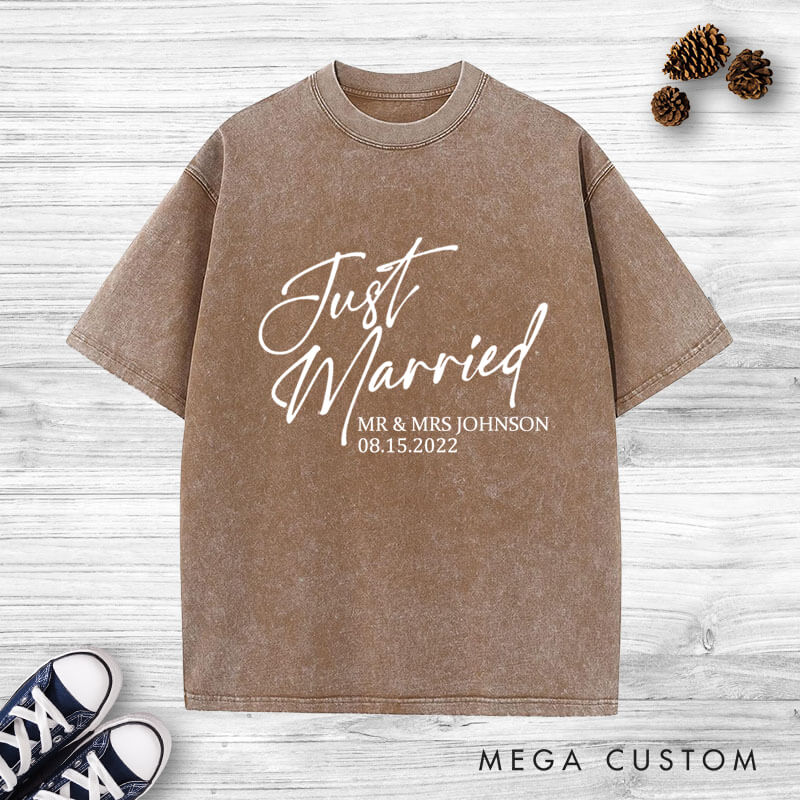 Personalized Modern Just Married Newlyweds Wedding Couple Washed T-Shirt