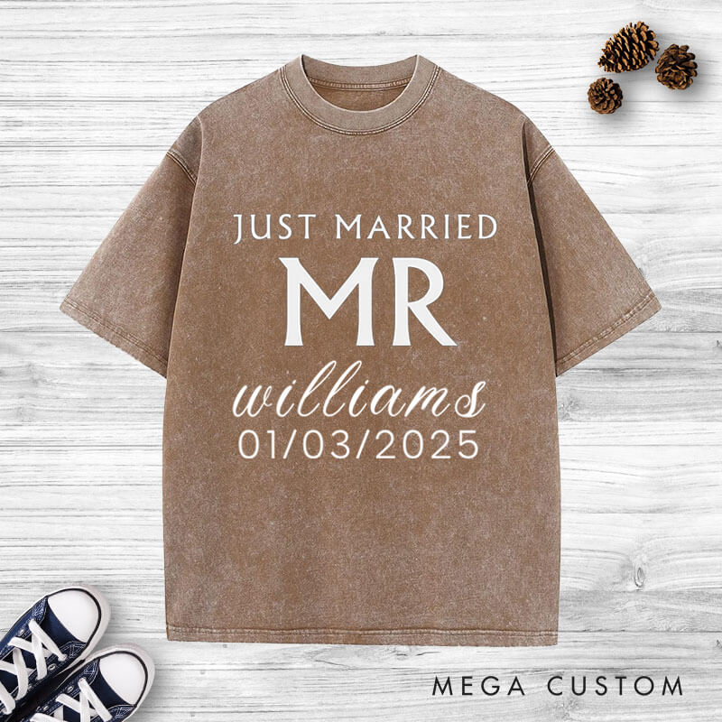 Personalized Minimalist Just Married Mr and Mrs Wedding Couple Washed T-Shirt