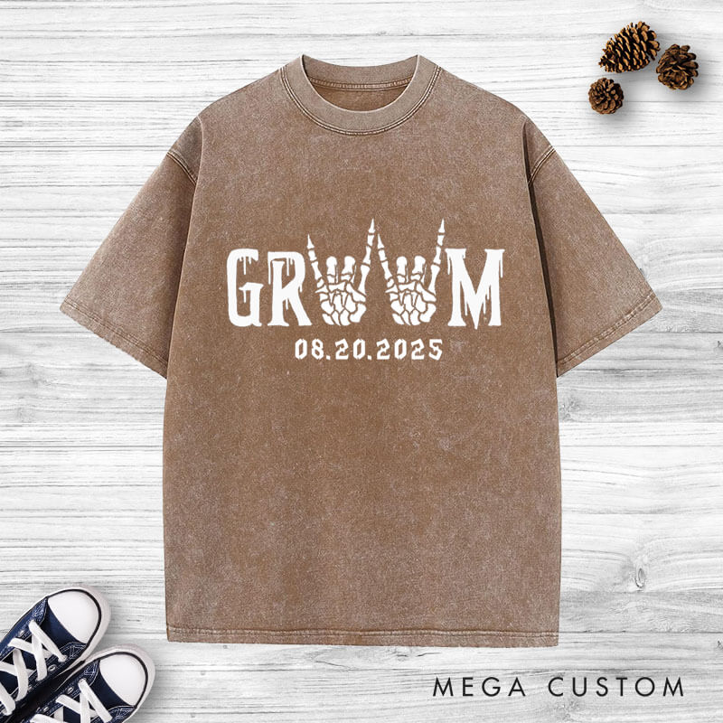 Personalized Funny Gesture Skeleton Bride and Groom Matching Wedding Couple Washed T-Shirt