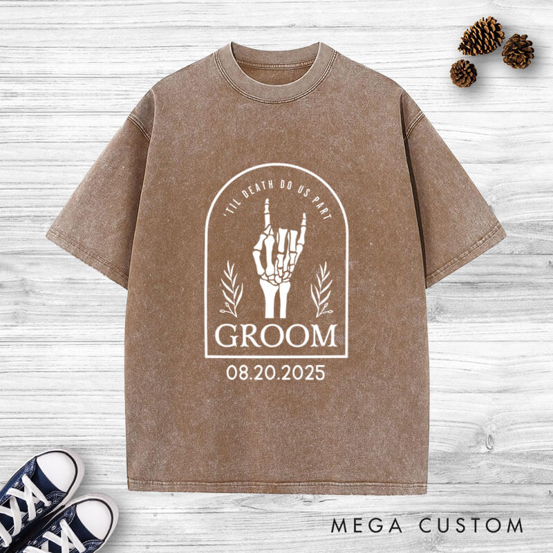 Personalized Skeleton Hand Gestures Garden Bride and Groom Matching Wedding Couple Washed T-Shirt