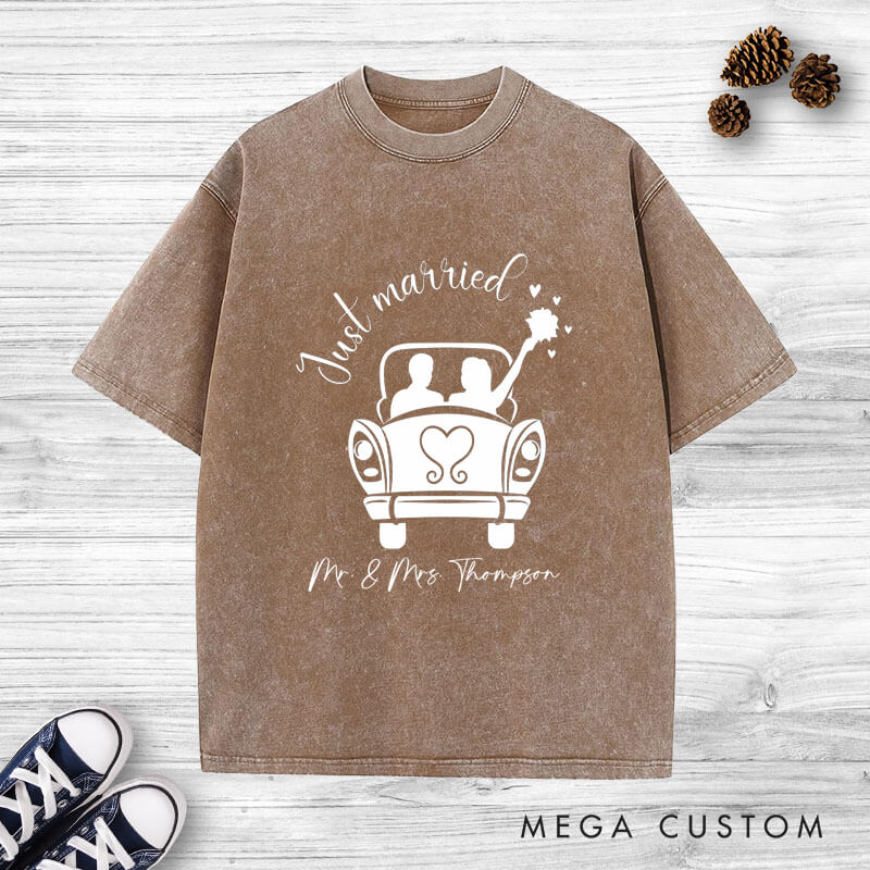 Personalized Romantic Just Married with Wedding Car Wedding Couple Washed T-Shirt
