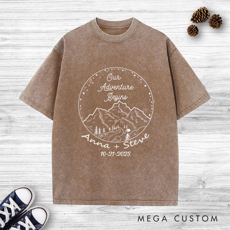 Personalized Rustic Mountain Our Adventure Begins Newlyweds Wedding Couple Washed T-Shirt