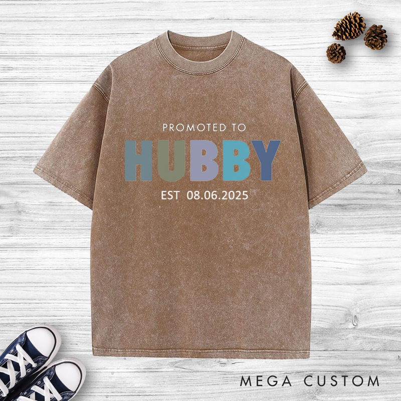 Personalized Playful Promoted to Hubby and Wifey Matching Wedding Couple Washed T-Shirt
