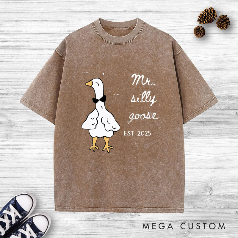 Personalized Funny Mr and Mrs Silly Goose Matching Wedding Couple Washed T-Shirt