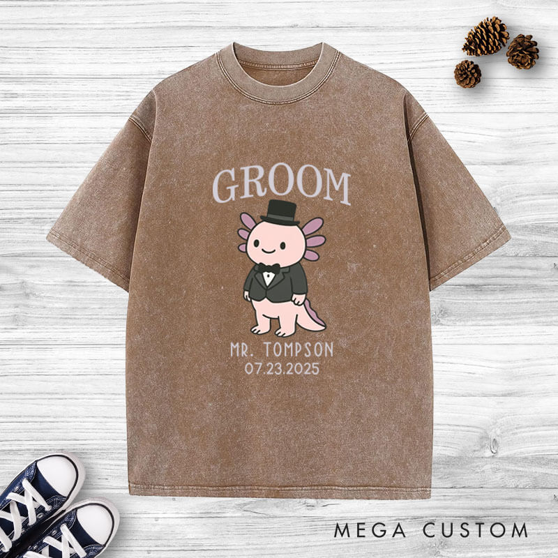 Personalized Cute Bride and Groom Axolotl Wedding Couple Washed T-Shirt