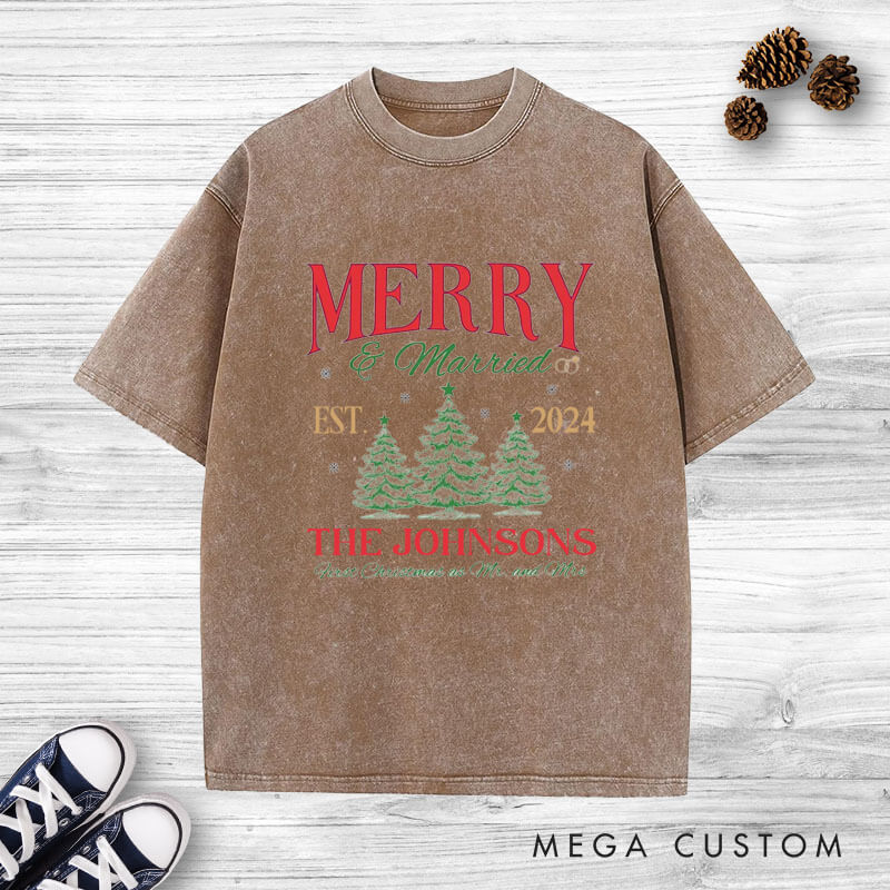 Personalized Joyful Merry and Married the First Christmas as Mr and Mrs Washed T-Shirt