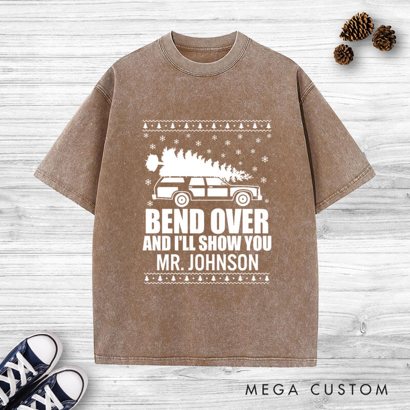 Personalized Funny Christmas Tree Debate Bend Over I'll Show You Matching Wedding Couple Washed T-Shirt