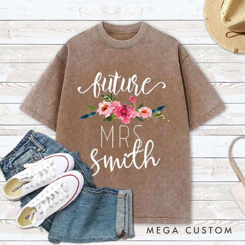 Personalized Watercolor Floral Future Mrs Fiancee Engagement Fiancée Washed T-Shirt