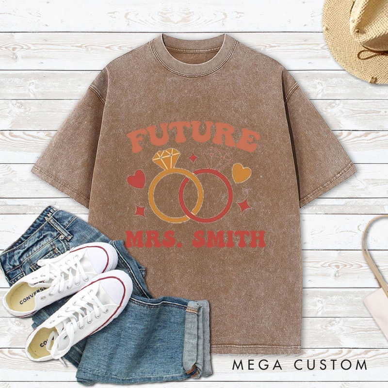 Personalized Playful Future Mrs with Intertwined Rings Fiancee Engagement Fiancée Washed T-Shirt
