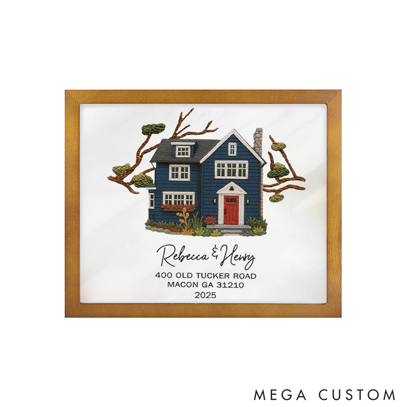 Personalized Embroidered House Photo Frame with Name Address Home Decor Custom Housewarming Gift from Photo New Home Wedding Christmas Gift for Family