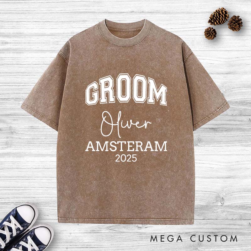 Personalized Groom Washed T-Shirt Minimalist Groomsmen Bachelor Party Shirts Groom Crew Shirts Retro Washed T-Shirt for Best Man