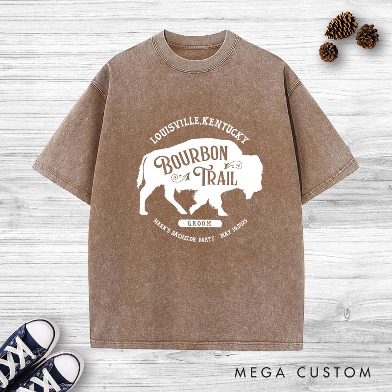 Personalized "Bourbon Trail" Bachelor Party Washed T-Shirt Groom Bachelor Party Whiskey T-Shirts Groomsmen Washed T-Shirts Best Man Gift