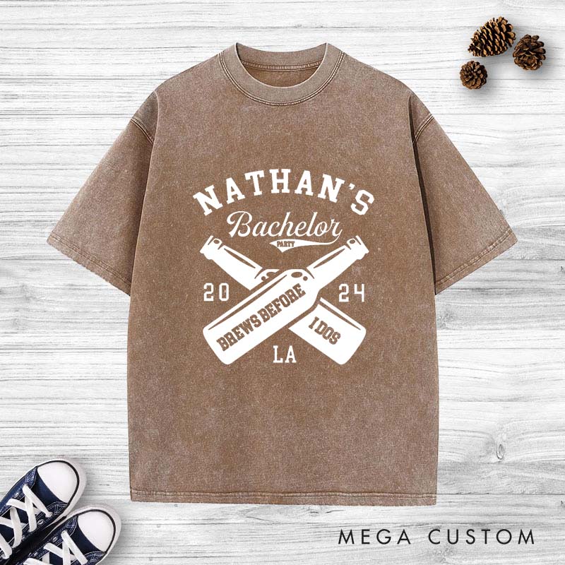 Personalized Brews Before I Dos Groom Washed T-Shirt Groom Wedding Party T-Shirt Retro Groomsman y2k Washed T-Shirts for Best Man