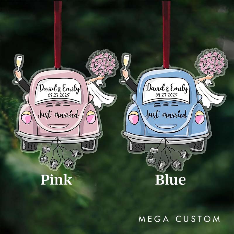 Personalized Couple Wedding Floral Car Acrylic Christmas Ornament Newlywed Just Married Xmas Christmas Ornaments for Husband Wife Hubby Wifey