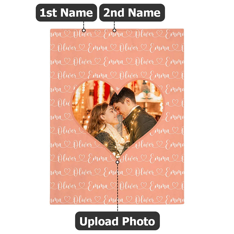 Personalized Heart Couple Photo Blanket with Couple Name Custom Newlywed Name Blanket Valentine's Day Gift for Husband Wife Boyfriend Girlfriend