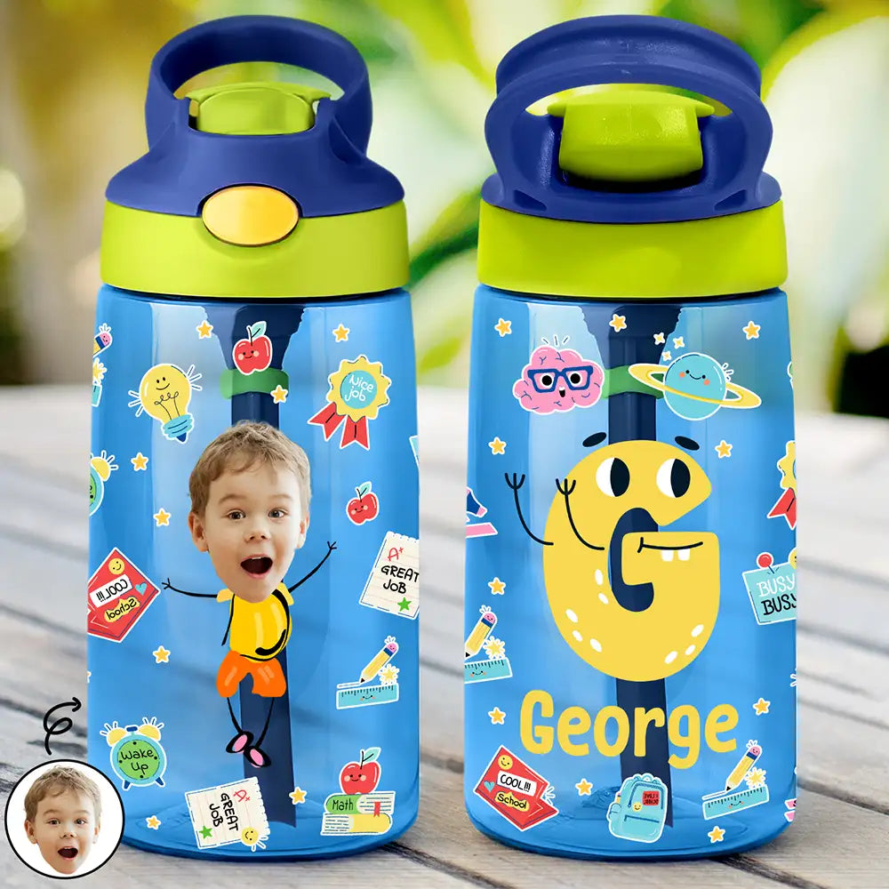 Personalized Colorful Cartoon Photo Name 16oz Kid's Water Bottle with Silicone Straw and Handle Birthday Back to School Gift for Boys Girls