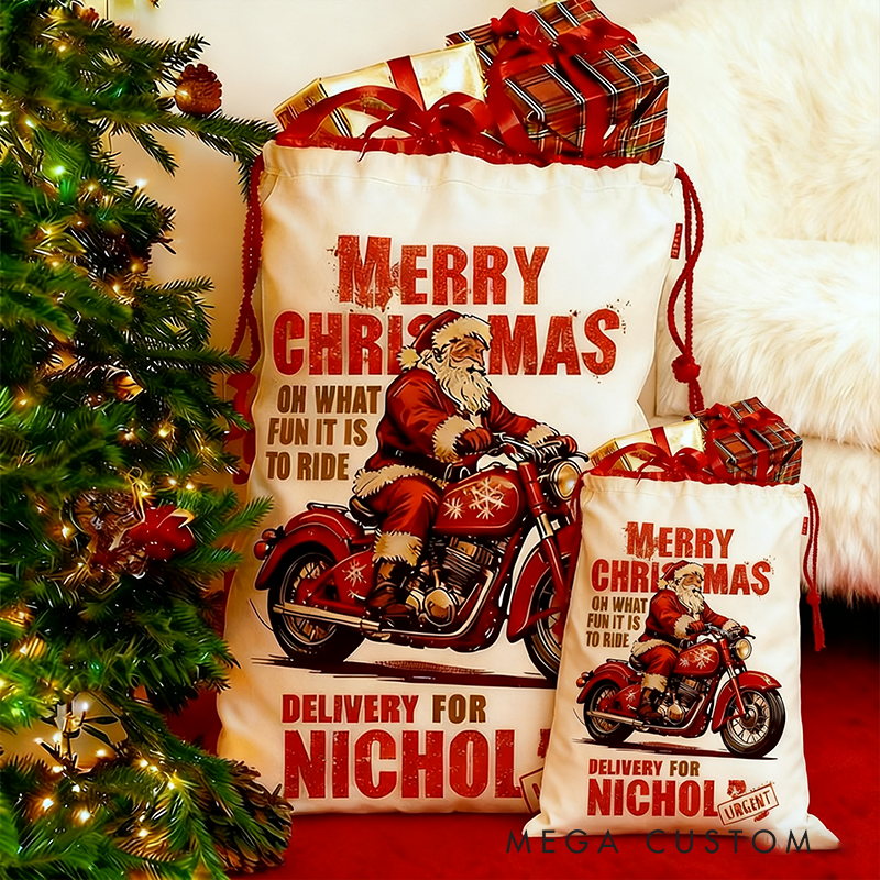 Personalized Motorcycle Santa Christmas Sack Custom Name and Size Gift Bag Vintage Christmas Delivery Design