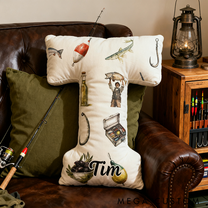 Personalized Fishing Letter Pillow Funny Fishing Pillow Custom Name Graphic 3D Print Perfect for Fishing Enthusiasts Young Angler and Cozy Home Decor 