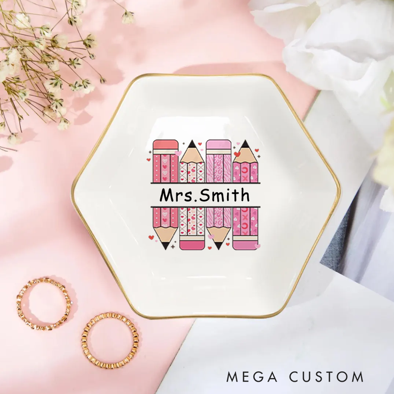 Personalized Jewelry Dish for Teacher Gold Rim Hexagon Ring Dish Teacher Appreciation Gift