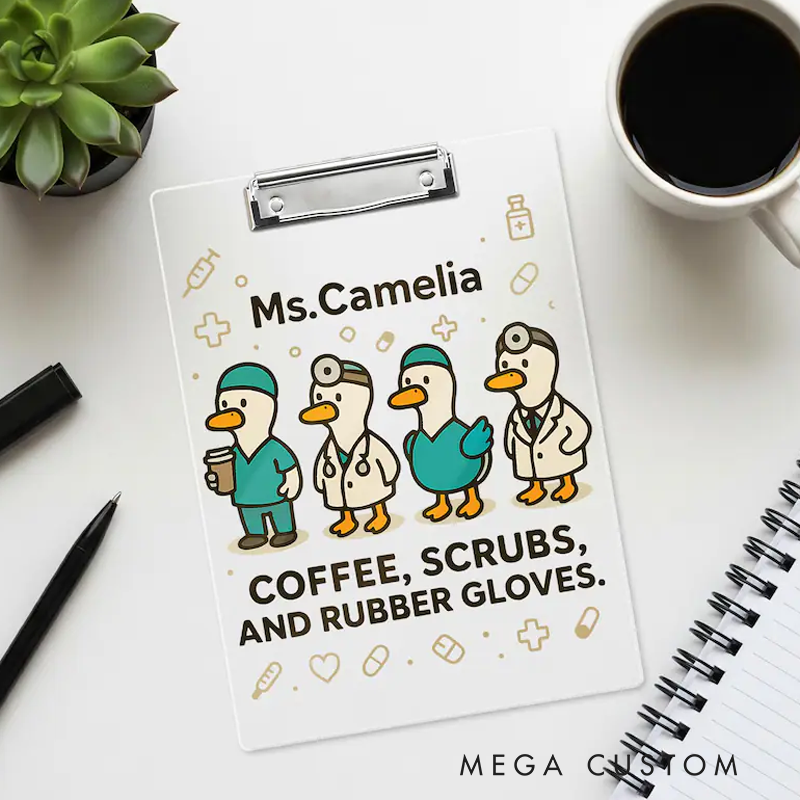 Personalized Nurse Clipboard Coffee Scrubs and Rubber Gloves Funny Goose Medical Gift Acrylic Clipboard for Nurse and Doctor