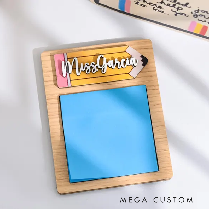 Personalized Teacher Name Sticky Note Pad Holder Gift Cute Pencil Design Teacher Appreciation Gift