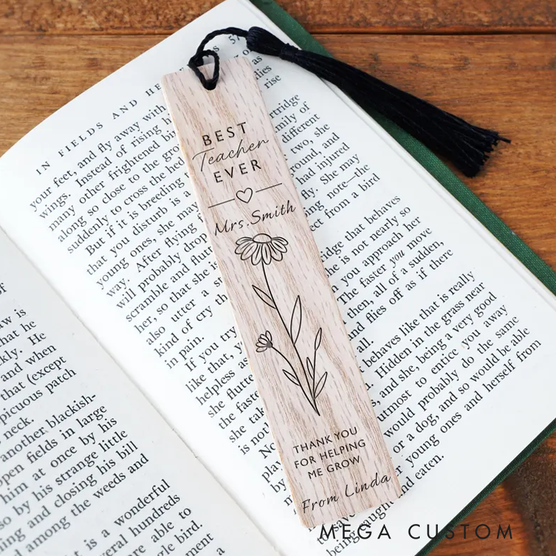 Personalized Engraved Bookmark for Teacher Best Teacher Ever with Floral Design Wooden Bookmark Teachers Appreciation Gift