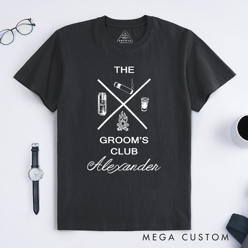 Personalized Rustic Bachelor Party Icon Design Beer Cigars Shots And Campfire Shirt for Groom Crew Wedding Party Favors Shirt for Best Man