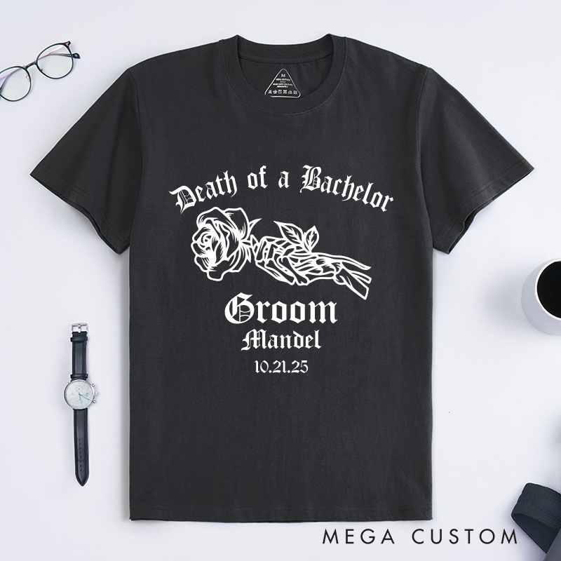 Personalized "Death of a Bachelor" T-Shirt Elegant Gothic Skeleton Rose Designed Groom T-Shirt Bachelor Party Favors Shirt for Him