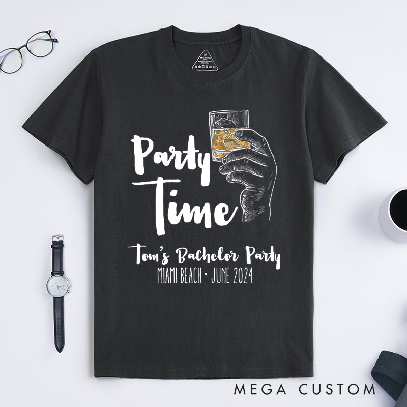Personalized Party Time Bachelor Party T-Shirt Whiskey Glass Shirt for Groomsman Wedding Party Favors Shirt for Men Best Man Gift