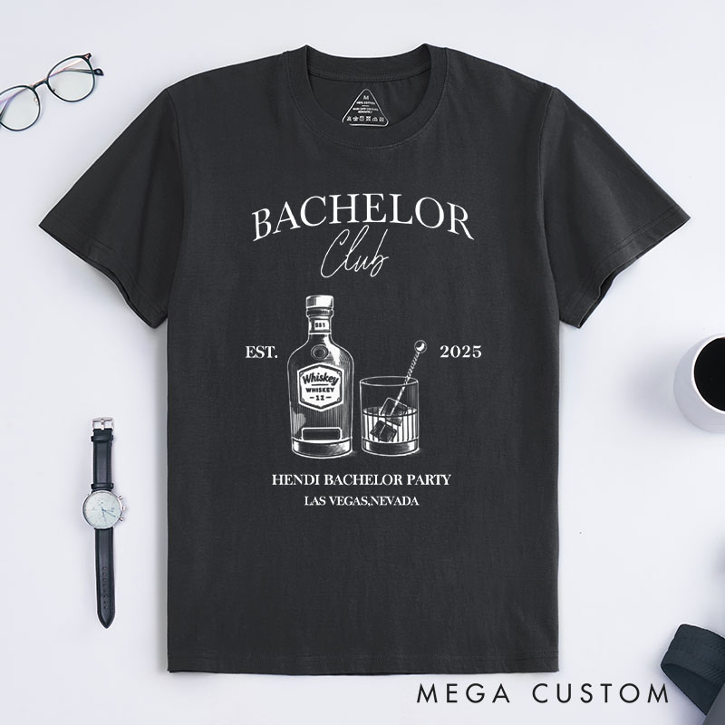Personalized Groom Bachelor Club T-Shirt Whiskey Bottle & Glass Designed Shirts Groomsman Proposal Gift T-Shirt Wedding Party Favors Top for Best Man