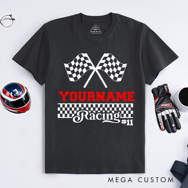Personalized Racing Checkered Flag T-Shirt Custom Name and Number Race Team Tee Gift for Racers and Racing Lovers