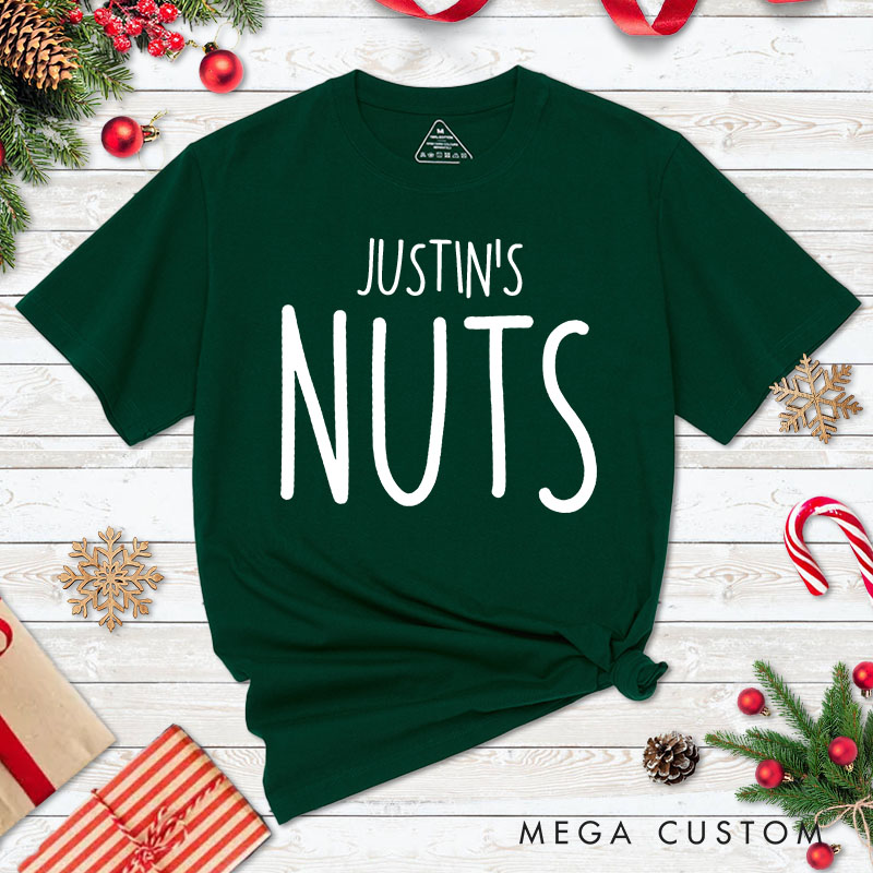 Personalized Couple Minimalist Nuts and Chest Christmas T-Shirt with Name Couple Xmas Matching T-Shirt for Husband Wife Boyfriend Girlfriend Tee Tops