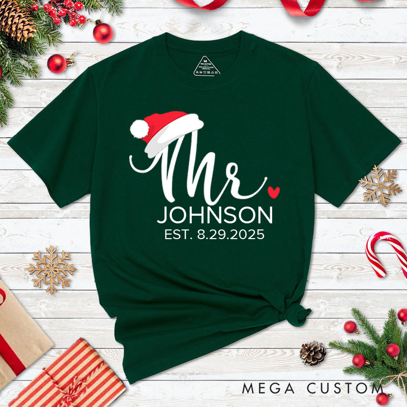 Personalized Couple Elegant Mr. and Mrs. with Santa Hats Christmas T-Shirt Couple Xmas Matching T-Shirt for Husband Wife Boyfriend Girlfriend Tee Tops