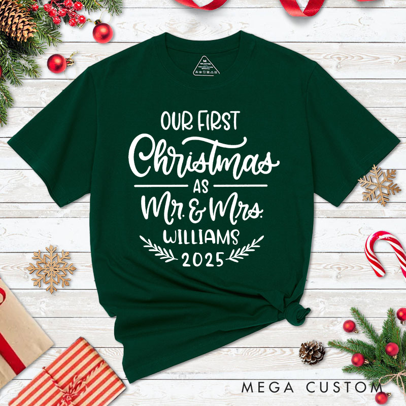 Personalized Couple Our First Christmas as Mr. & Mrs. Christmas T-Shirt Couple Xmas 2025 Matching T-Shirt for Husband Wife Boyfriend Girlfriend Tees